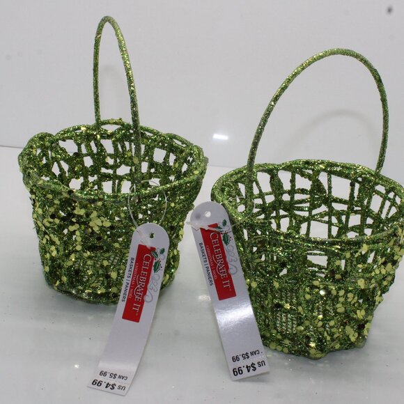 Lot of 2 Celebrate It Small Decorative Green Sparkle Wire Baskets Christmas Noel - Picture 5 of 5